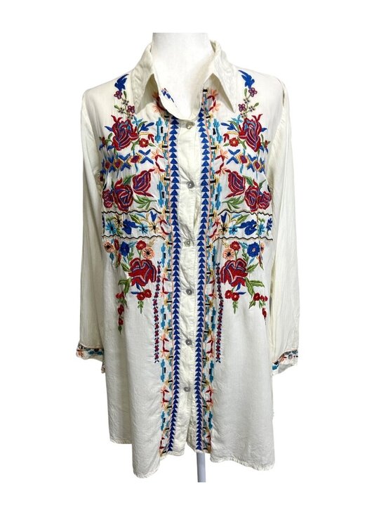 Scully Tops - Scully Womens XL Button-Up Top Floral Embroidered Shirt Cream Red Blue Western